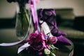 Purple wedding. Purple bouquet and bride shoes. Wedding morning, accessories Royalty Free Stock Photo