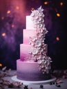 Purple wedding cake with flowers on a blurred background, AI-generated. Royalty Free Stock Photo