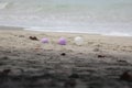 purple and white balloons on the sand carried by the wind on the beach Royalty Free Stock Photo