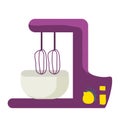 Purple and white electric mixer with beaters. Kitchen appliance for baking and cooking. Simple cartoon style vector