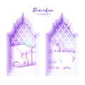 Purple White Origami Mosque Window Ramadan Kareem Greeting card with arabic arabesque pattern. Royalty Free Stock Photo