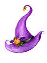 Purple witch hat with belt and pumpkins in cartoon style.