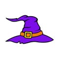 Purple witch hat. Halloween costume. Magician cartoon cap