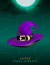 Purple witch hat with scary decor of black funny spider on cobweb on dark night green background with full moon. Happy Halloween p Royalty Free Stock Photo