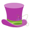 Purple wizard`s hat with green ribbon and sewing needles. The old man`s headdress. Cylinder gentleman. Hat shop Royalty Free Stock Photo