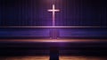 Purple wooden cross on an empty pew in the church