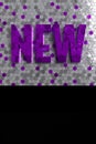 Purple word new on octagonal gray background