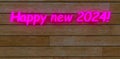 Purple words Happy new 2024 glowing on the decked board. Excellent idea for post card on Christmas. 3d rendering