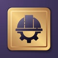 Purple Worker safety helmet and gear icon isolated on purple background. Gold square button. Vector Royalty Free Stock Photo