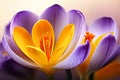 Purple Yellow Crocus, spring flower. Macro. Generated AI Royalty Free Stock Photo