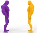Purple and yellow 3D Strongmen in a stand off.