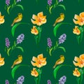 Purple, yellow flowers, bird seamless pattern watercolor