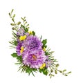 Purple and yellow flowers corner arrangement Royalty Free Stock Photo