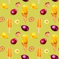 Purple, yellow maracuja and ice-cream watercolor seamless pattern isolated on green background.