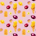 Purple, yellow maracuja and ice-cream watercolor seamless pattern isolated on pink background.