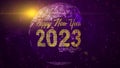 Purple Yellow Shine Happy New Year 2023 Greeting Text On Square Shines Dotted Globe Earth World Map With Sparkles Stars