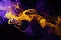 Purple yellow smoke black background Color smoke. Water splash. Cosmic stardust. Royalty Free Stock Photo