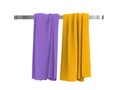 Purple and yellow towels on a towel hanger