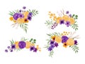 purple and yellow watercolor flower arrangement isolated vector set for invitation Royalty Free Stock Photo