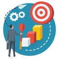Purpose business concept. Purposeful businessman with spear in hand looks at the target.