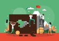 Purposeful business people climbing wall, ladder to reach flag on mountain top, flat vector illustration. Achieve goals.