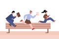 Purposeful business people jumping over barrier, vector illustration isolated.