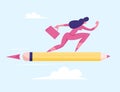 Purposeful Business Woman or Manager with Briefcase Flying on Pencil Rocket to Working Success and Goal Achievement