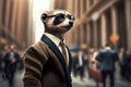 Purposeful meerkat in a suit, a portrait on a city street. Generative ai Royalty Free Stock Photo