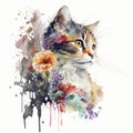 Purrfectly Painted Petals cat surrounded by beautifully painted watercolor flowers - Generative AI
