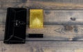 Purse-clutch black, powder box with mirror and lipstick golden l