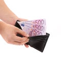 Purse with euro bills in hands. Royalty Free Stock Photo