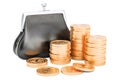 Purse with golden coins around, 3D rendering