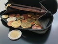 Purse with a lot of euro currency coins Royalty Free Stock Photo