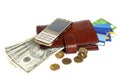 Purse with money, credit cards and mobile phone isolated on whit Royalty Free Stock Photo