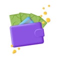 Purse money wallet 3d icon. Creative financial blue wallet isolated on white. Vector pocket illustration