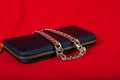 Purse and a necklace on red background Royalty Free Stock Photo