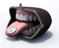 Purse with open mouth, tongue out and one dollar coin