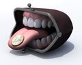 Purse with open mouth, tongue out and one euro coin