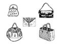 Purse, Satchel, Clutch envelope, Clutch and Tote bag isolated hand drawn black and white outline doodle, sketch, bags set