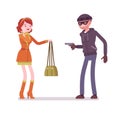 Purse snatcher, thief grabbing a girl, threatening with a gun Royalty Free Stock Photo
