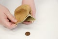 Hands turning nearly empty purse upside down Royalty Free Stock Photo