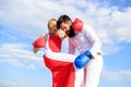 Pursue course of self defence. Attack is best defence. Defend your opinion in confrontation. Man and woman fight boxing Royalty Free Stock Photo