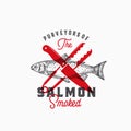 Purveyors of the Smoked Salmon. Abstract Vector Sign, Symbol or Logo Template. Hand Drawn Salmon Fish with Classy Retro