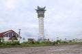 The Purwokerto Lotus View Tower seen from the rice fields