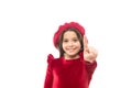 Push the button. Happy girl. French style child. Parisian girl in beret. Fashion portrait cute girl wear trendy hat