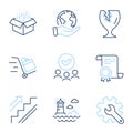 Push cart, Customisation and Lighthouse icons set. Open box, Fragile package and Stairs signs. Vector