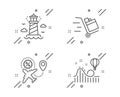 Push cart, Lighthouse and Flight sale icons set. Roller coaster sign. Vector