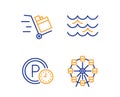 Push cart, Waves and Parking time icons set. Ferris wheel sign. Express delivery, Water wave, Park clock. Vector