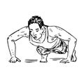 Push-up workout, man front view, hand drawn doodle, drawing in gravure style