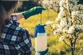 Pushing pump of spray bottle before spraying pesticide at fruit tree